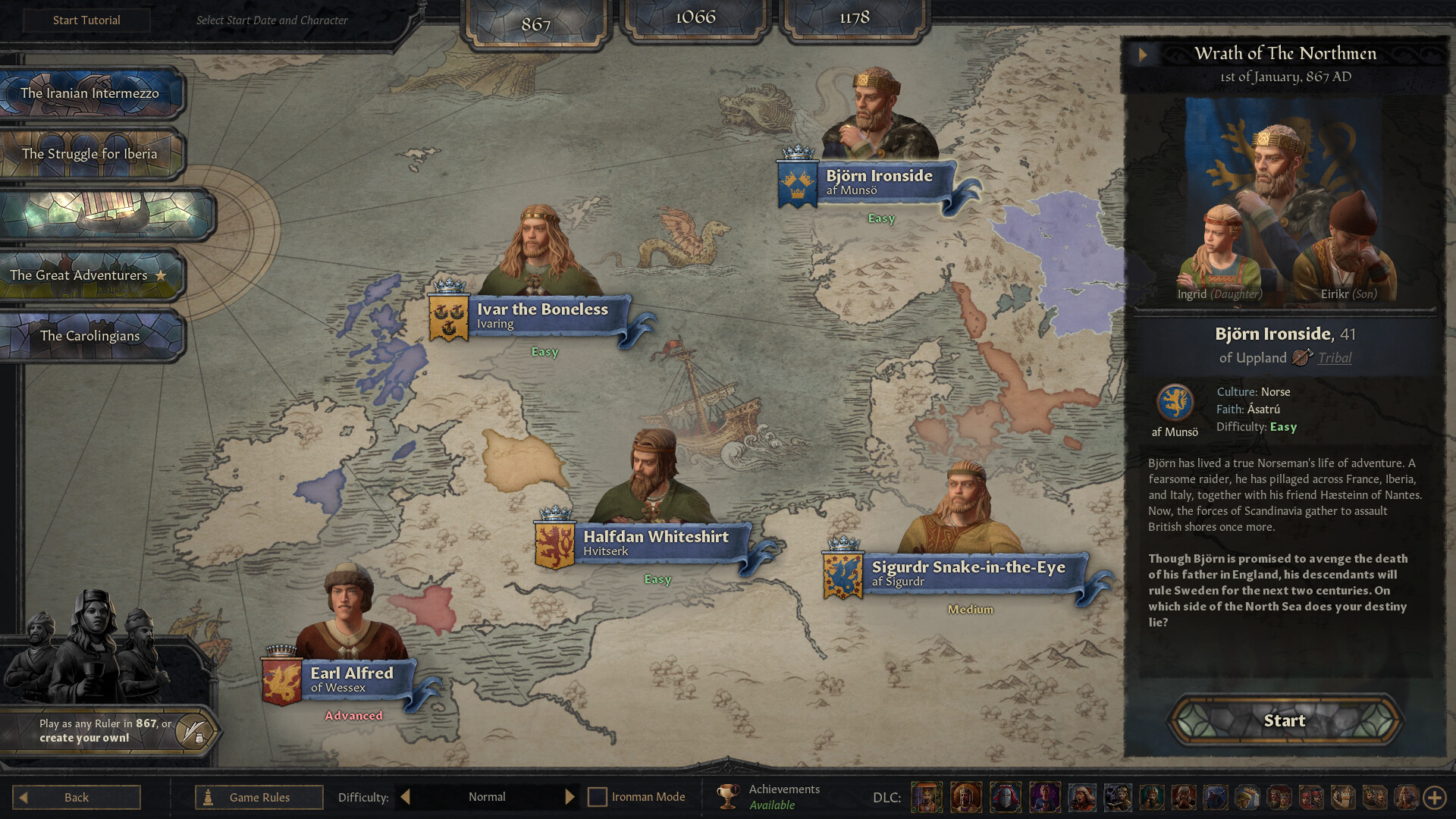 Crusader Kings 3 character selection screen with the 867 and 1066 start dates and scenario list open, where beginners choose their first ruler
