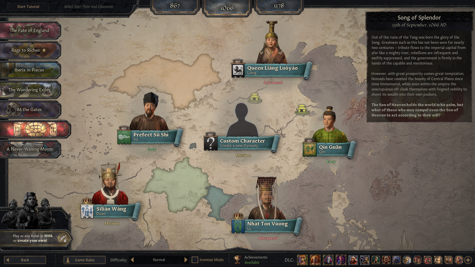 CK3 character selection showing Chinese rulers