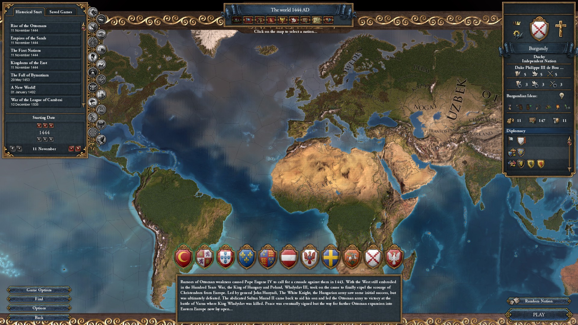 EU4 world map at the 1444 start