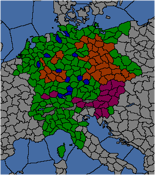 EU4 map of the Holy Roman Empire in 1444, showing the Emperor in purple and the electors in orange