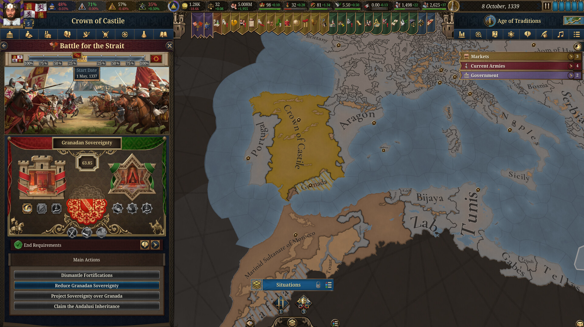 EU5 Battle for the Strait situation screen, with Castile facing Granada and the Maghreb across the strait, the Iberian struggle 1.4 is built around