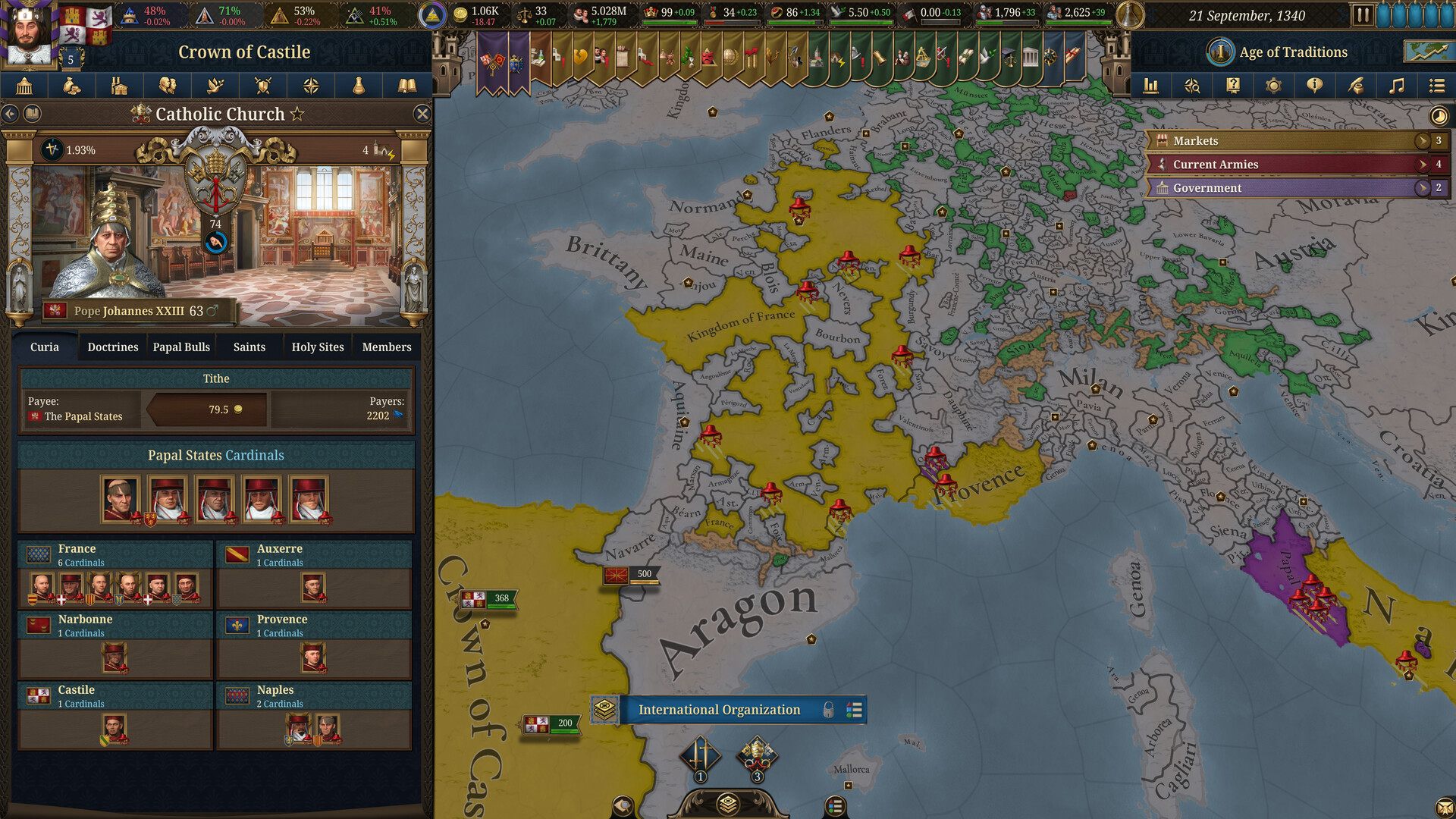 EU5 Catholic Church screen showing the Pope and the named Cardinals each Catholic nation holds, the system the 1.4 Catholicism rework rebuilds