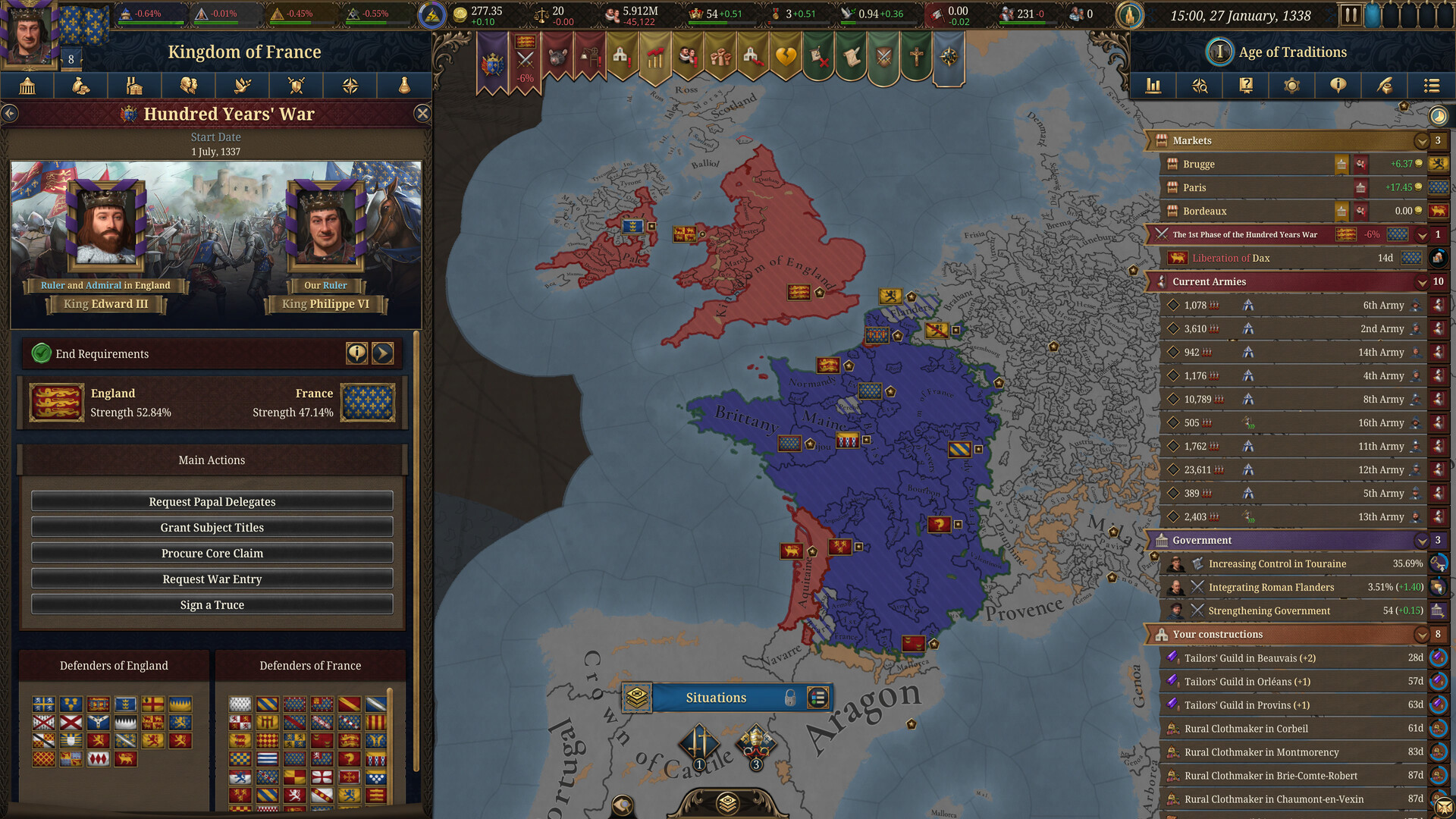 EU5 map of the opening of the Hundred Years’ War in 1338, with the war overview panel showing the conflict between England and France
