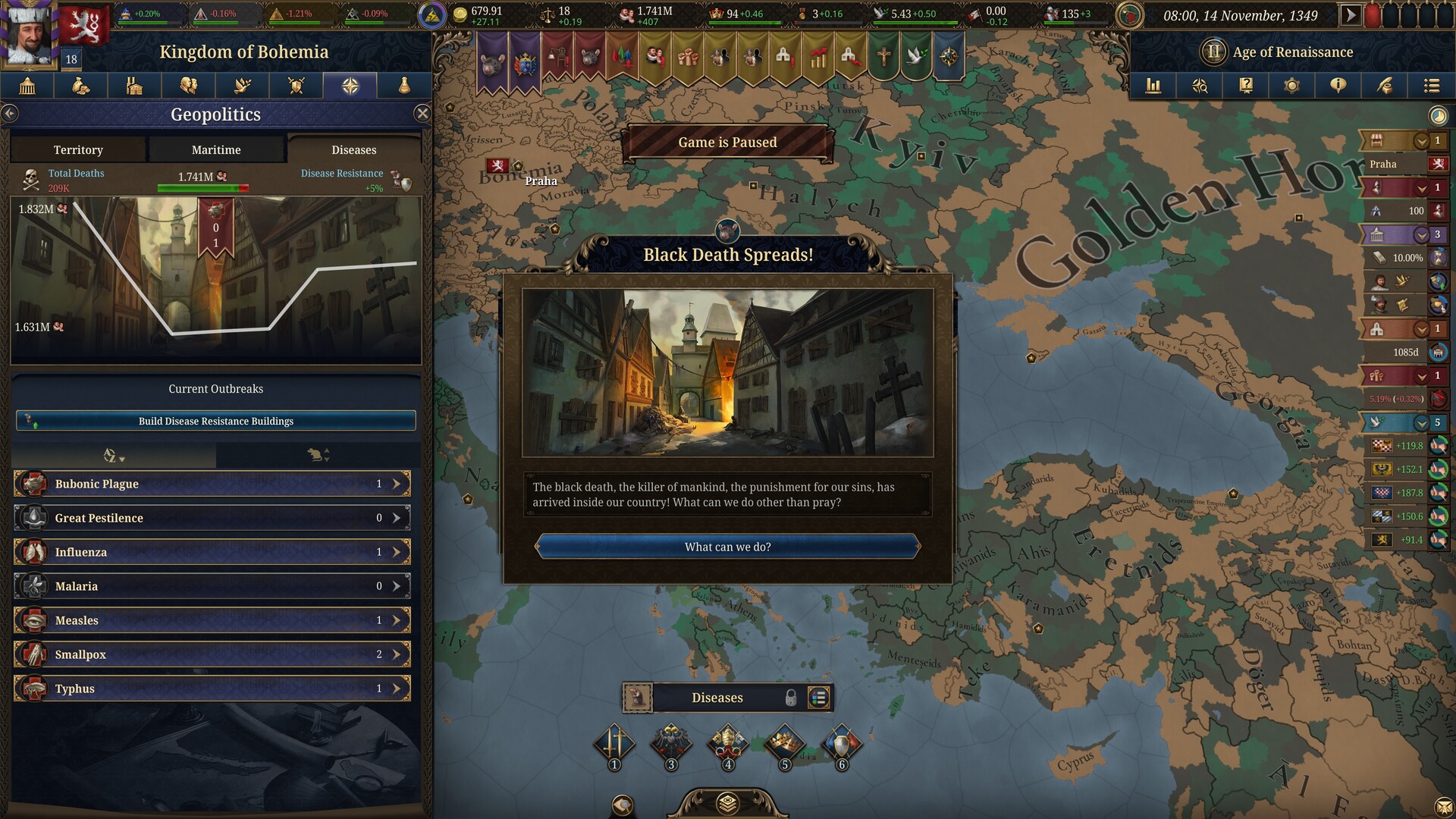 EU5 map of Bohemia in the Renaissance, the kind of mature campaign a depth player reaches