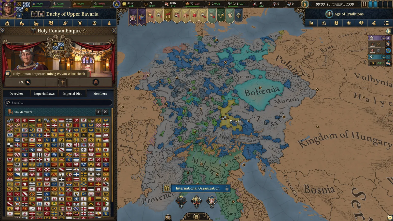 EU5 map of Central Europe in 1338 showing the Holy Roman Empire, the region bordering Hungary's starting position