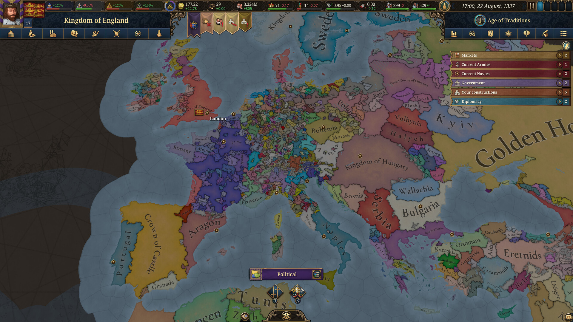 EU5 political map of Europe in 1337